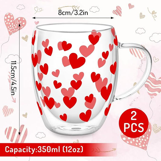JarThenaAMCS Valentine' s Day Double Wall Glass Coffee Mugs Insulated Glasses 12Oz Red Heart Clear Espresso Cups with Handle for Home Holiday Supplies, Set of 2