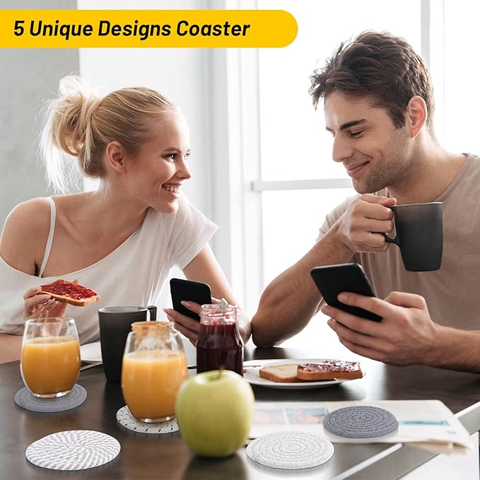 Billbotk 10 Pieces Coasters for Drink Absorbent, 5 Colors Drink Coasters with Holder, Woven Coasters Set for Coffee Table, Wooden Table Decor, Home Decor, 4.3 Inches