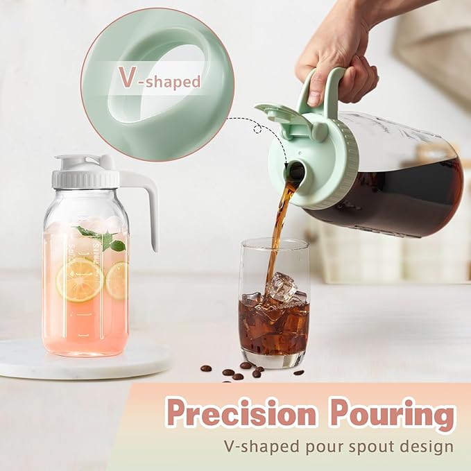 Mason Jar with Pour Spout Lid V-shaped, 2 Quart Iced Tea Pitcher Double Leak Proof, 64 oz Drink Pitcher for Breastmilk, Sun Tea, Juice, Coffee Creamer, Formula Pitche