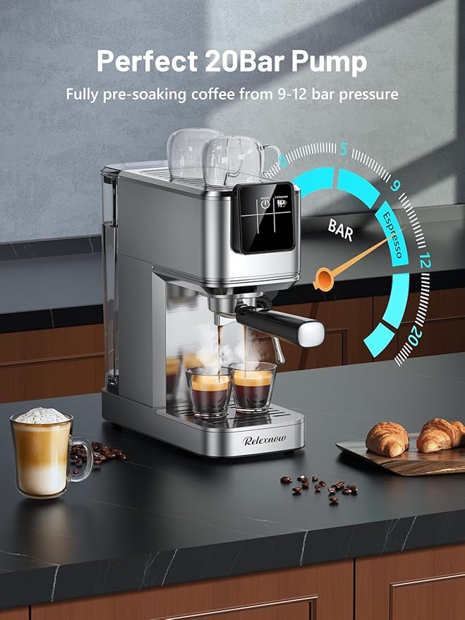 Espresso Machine, 20 Bar Espresso Maker Milk Frother & LCD Panel, Hot & Iced Coffee Machine, Stainless Steel Espresso Coffee Machine with 41oz Water Tank for Cappuccino, Latte