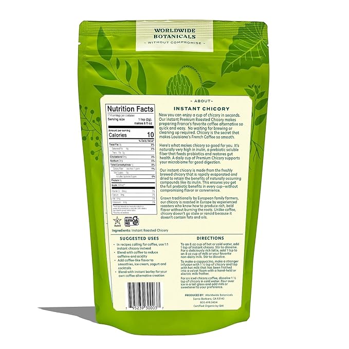 Worldwide Botanicals Instant Chicory Root, 114 servings – Caffeine-free Coffee Alternative - Blend Instant Chicory with Coffee, Prebiotic, Acid-Free, Kosher, Gluten-Free – 8 ounces
