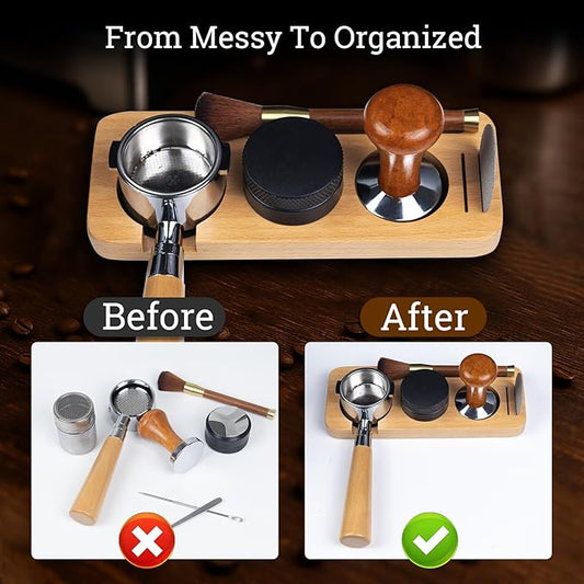 28PCS Espresso Accessories Kit,58mm Espresso Tamper Tools,Includes Wood Station,Distributor,Stirrer,Dosing Funnel,Brush,Puck Screen,Frothing Pitcher,Latte Pen,Powder Ring,Towel,Decorative Stencils