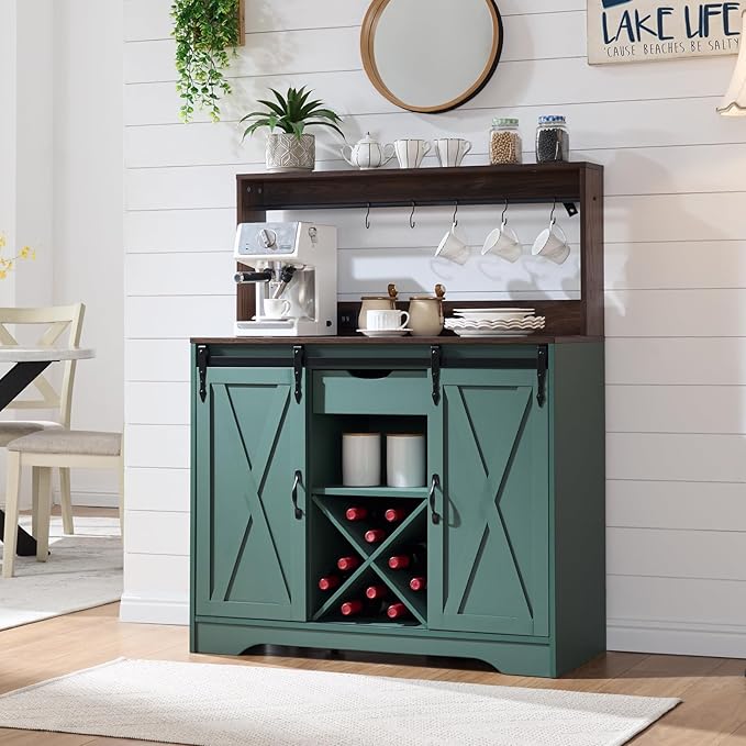 Wnutrees Farmhouse Coffee Bar Cabinet with Charging Station and USB Ports,Sliding Barn Door,39" Kitchen Hutch Sideboard Buffet Storage Cabinet,Fits Kitchen Dining Living Room, Green