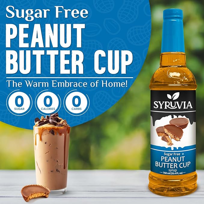 Syruvia Sugar Free Coffee Syrup, Peanut Butter Cup Flavored Syrup for Drinks, Lattes, and Desserts – 25.4 fl oz, With Pump