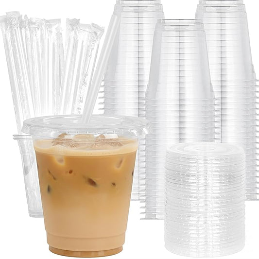 Coolcap 12 oz 100 Pack Disposable Clear Plastic Cups with Lids and Straws, Food Safe Bulk Iced Coffee Cups for Smoothies, Milkshakes and Other Cold Drinks