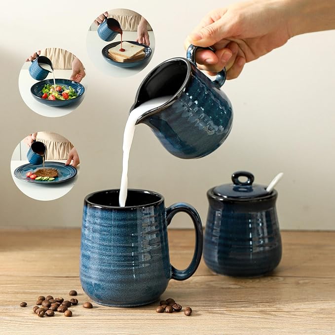 Ceramic Sugar and Creamer Container Set of 3,10 Ounce Cream Pitcher,11 Ounce Sugar Bowl with Lid and Spoon,Farmhouse Coffee Bar Accessories Set for Serving,Microwave & Dishwasher Safe,Blue