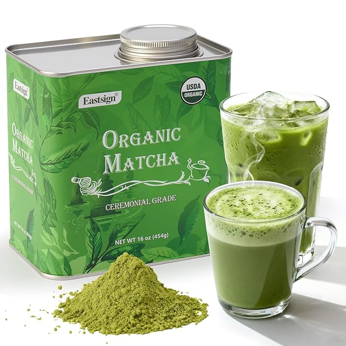 Eastign Ceremonial Matcha Powder Bulk Size (1lb/454g),Organic Ceremonial Grade Matcha,USDA Organic Matcha Tea Powder Latte,Perfect for Starbucks Latte, Shake, Smoothies & Baking& Gifts | Holiday Ready Tin