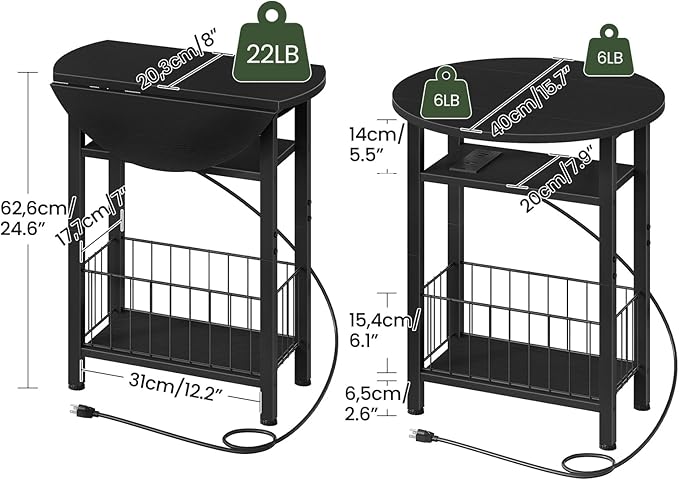 Side Table with Charging Station, Folding Side Table with Storage, 3-Tier Narrow End Table with Folding Top, Small Side Table for Small Spaces, for Living Room, Bedroom, Black TBZ10UBB