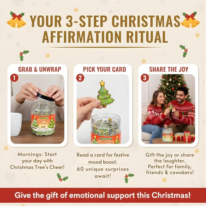 Positive Christmas Tree Jar with 60 Daily Affirmation Cards, Emotional Support Gift, Funny Holiday Decor for Home or Office, Christmas Decorations and Gifts for Women Men Teens and Coworkers