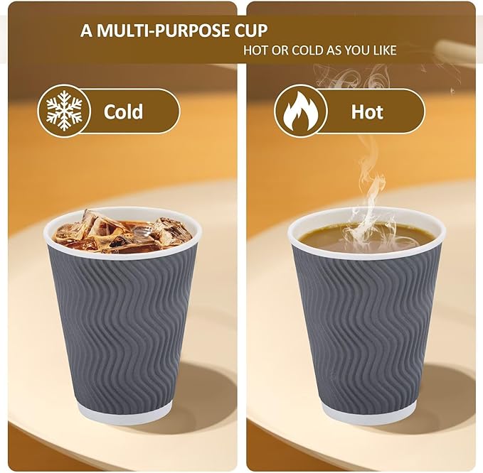 Clawsoff 100 Pack 12 oz Disposable Coffee Cups with Lids, Insulated Ripple Wall To-Go Paper Coffee Cups Suitable for Chocolate Cocoa and Hot/Cold Drinks (Grey)