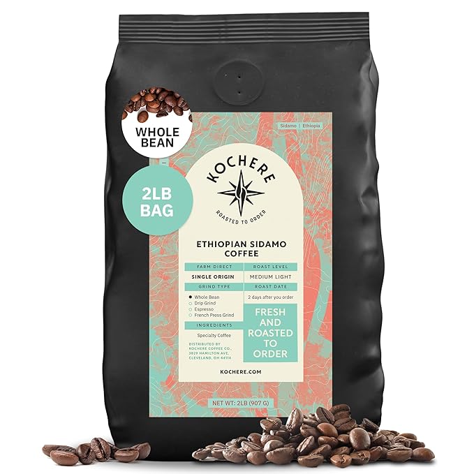 Ethiopian Sidama Coffee – 2LB, Single Origin, Medium-Light Roast, Freshly Roasted Whole Bean, Specialty Grade, Non-GMO