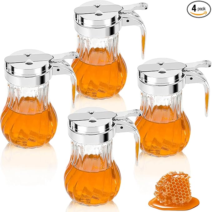 4Pcs 8oz Syrup Dispenser Honey Pot Glass Honey Dispenser Jar, Maple Syrup Dispenser, Honey Container, Commercial Quality With Handle Honey Dispenser for Home Kitchen Storage (4, Twill weave 4 Pack)