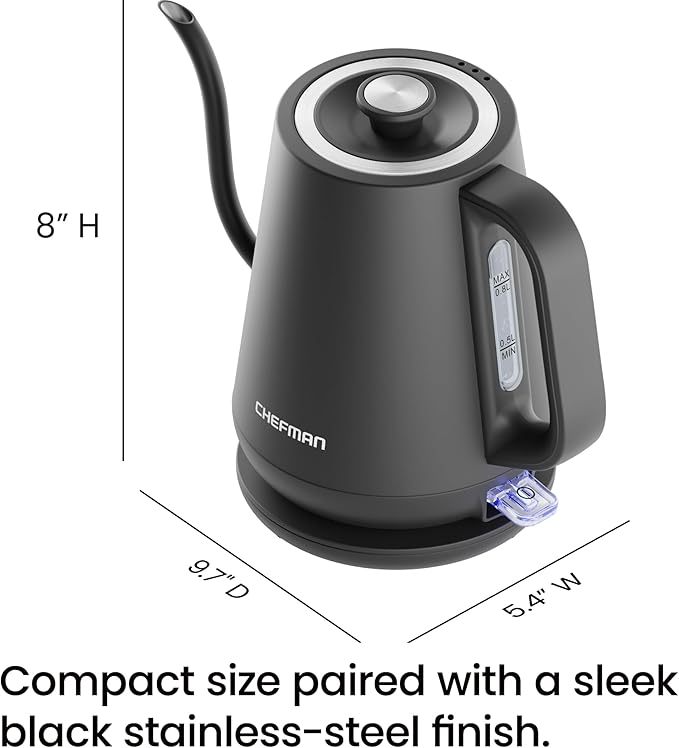 Chefman Gooseneck Electric Kettle, 0.8L Pour Over Tea Kettle for Coffee and Tea, One-Touch Operation, Boil-Dry Protection, Auto Shut-Off, Ultra-Fast Hot Water Boiler – Black (Renewed)