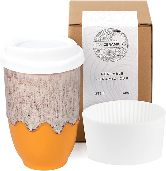 NOVA CERAMICS Grapefruit 12oz Travel Mug - To Go Coffee Tumbler With Lid - Microwave & Dishwasher Safe - Unique Design - Modern Style - Reusable - Adults