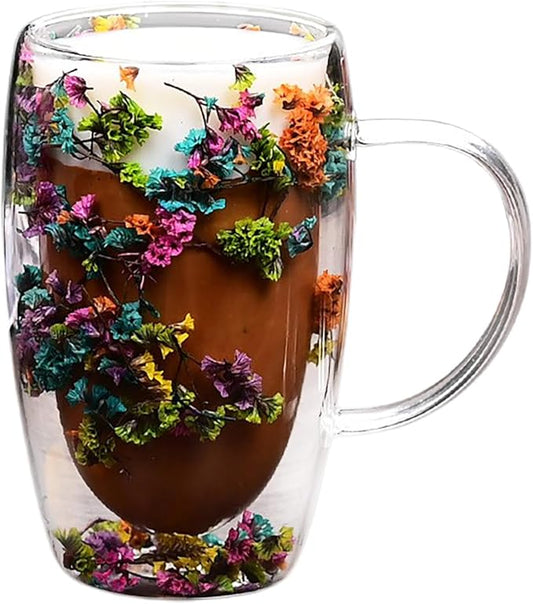 Double Wall Coffee Mugs, 5.71 IN Insulated Glass Coffee Mugs with Handle Aesthetic Dried Flowers Cups with Handles Clear Glass Cups Large Coffee Mug for Hot Drinks Tea (C)