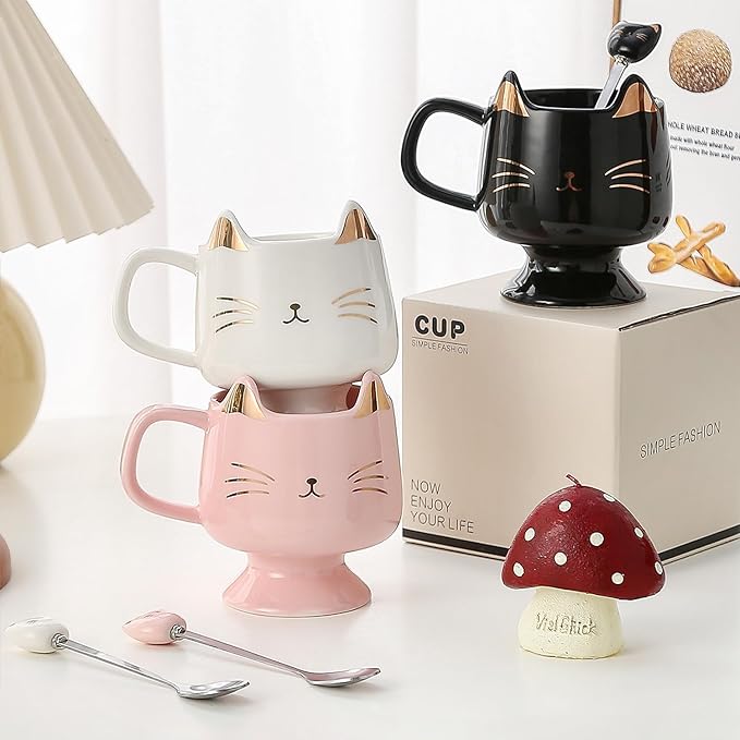 Yuwu Ceramic Coffee Mug, Cute Cat Tea Mug with Spoon, Funny Gifts for Women Girls for cat lovers (Black)