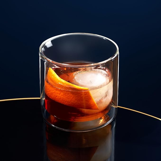 Viski Double Walled Old Fashioned Glasses - Insulated Borosilicate Glass Tumblers - Glass Cups for Bourbon, Whiskey, Scotch, Brandy, and Cocktails - 7 oz, Set of 2