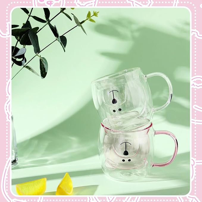 Patelai Cute Bear Tea Cup Double Wall Glass Milk Coffee Bear Mug with Handle Insulated Espresso Christmas Beer Cup Cute Birthday Gift for Women Men Valentine, 250 Ml/ 8. 4 oz(Pink, White,2 Pieces)