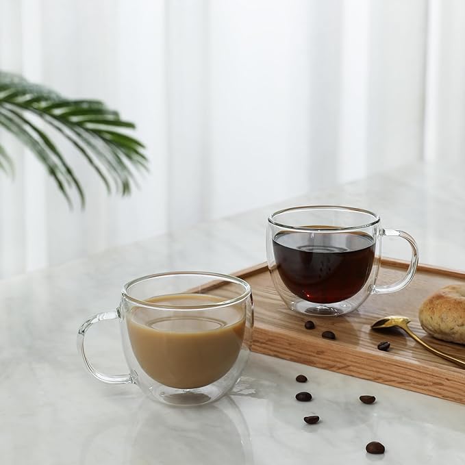 CNGLASS Double Wall Glass Cappuccino Mugs 8.1oz,Clear Insulated Glass Coffee Mug with Handle for Espresso,Latte,Tea,Set of 2 | Double Wall, Insulated, Glass Coffee Mug, with Handle, for Espresso, Latte