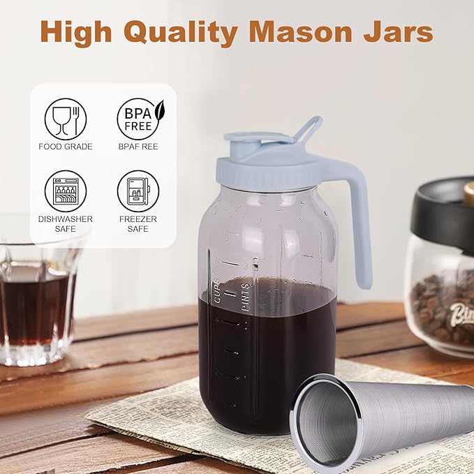 QHH Cold Brew Coffee Maker,64 oz Mason Jar Pitcher with Stainless Steel Filter, Pour Spout Handle Lid, Heavy Duty Glass Airtight & Leak-Proof Pitcher for iced coffee Tea Lemonade-Gray