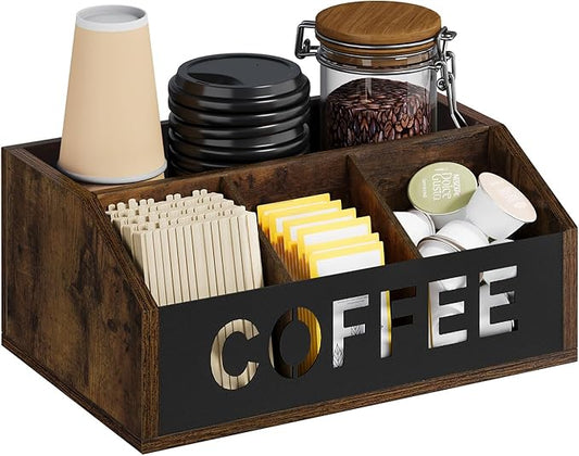 YINMIT Coffee Station Organizer for Countertop, Wood Coffee Bar Organizer with Removable Dividers for Pods, Syrup, Cups, Stirrer, Tea - Office Bar Accessories (Iron Sheet-Vintage Brown, 1 Tier)