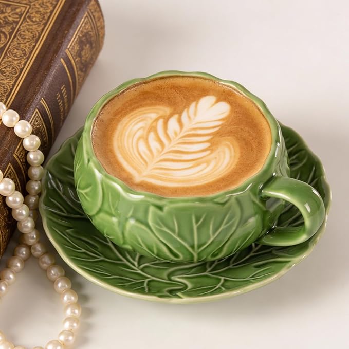 KAMMAK Tea Cups and Saucers Set of 2, Porcelain Coffee Cups, 10-Ounce Stackable Espresso Mugs, Ceramic Demitasse for Coffee, Latte, Americano, Tea, Lucky Green