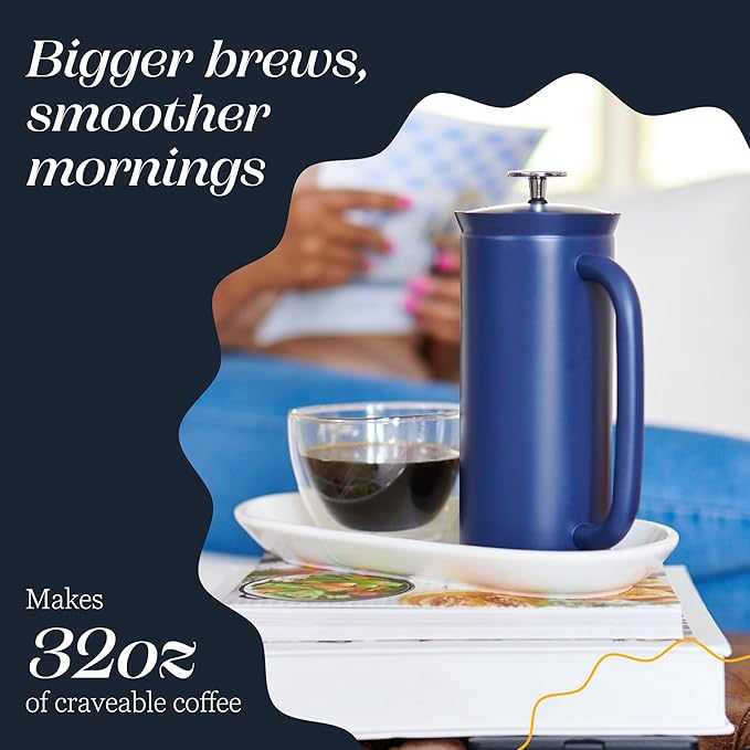 ESPRO P7 French Press Stainless Steel 304 – Patented Double Walled Micro-Filter Insulated French Press Coffee Maker, Grit-Free Brew - Heat Resistant BPA Free - Aegean Blue (32oz)