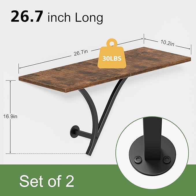 Floating Shelves, 26.7 Inch Long Wall Shelf Set of 2, Wide Display Shelf Wall Mounted Hanging Shelving for Bathroom, Living Room, Bedroom, Kitchen, Rustic Brown