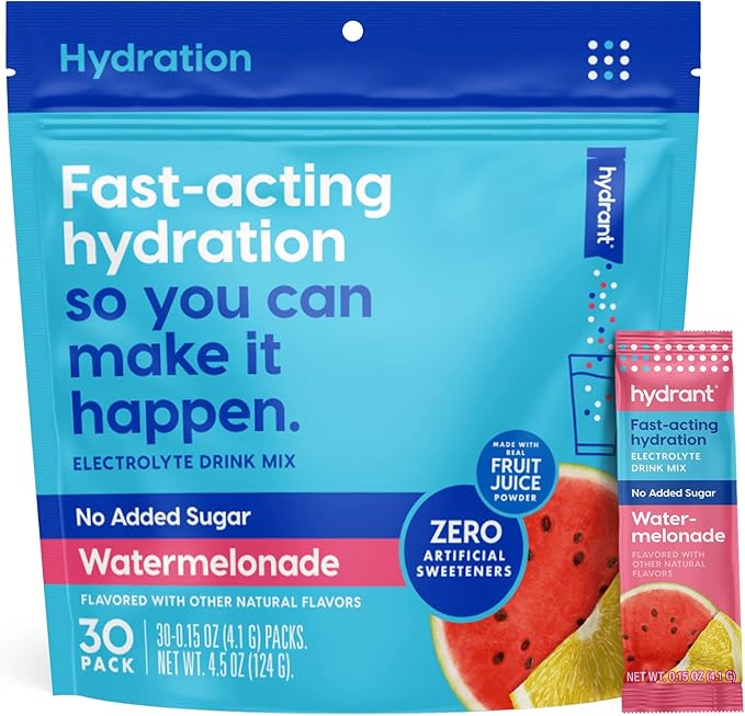 HYDRANT Hydrate No Added Sugar, Individual Hydration Electrolyte Powder Stick Packets with Zero Sugar and Electrolytes for Rapid Hydration (Watermelonade, 30 Count)