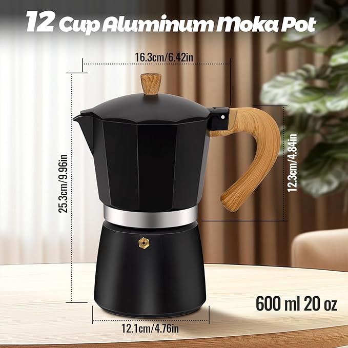 Vaolvpant 12 Cup Aluminum Moka Pot Classic Stovetop Espresso Coffee Maker 600ml 20oz Coffeemaker Percolator Mocha Pot Greca Coffee Maker Cafe Makers for Italian and Cuban Café Brewing Black