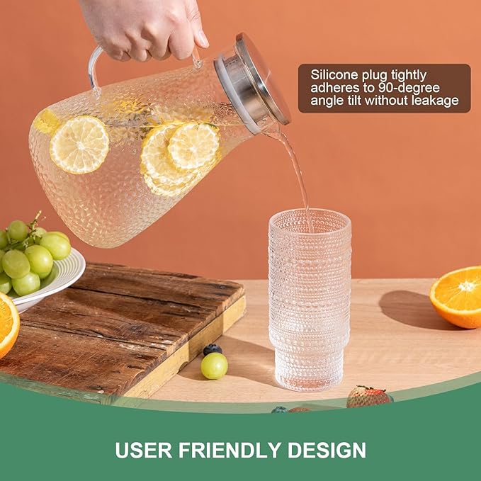 2.0 Liter 68 oz Glass Pitcher with Lid and Spout,2pcs set,Glass Carafe for Hot/Cold Water, Large Iced Tea Pitcher for Iced Coffee, Milk,Juice,Homemade Beverage,and Drinks