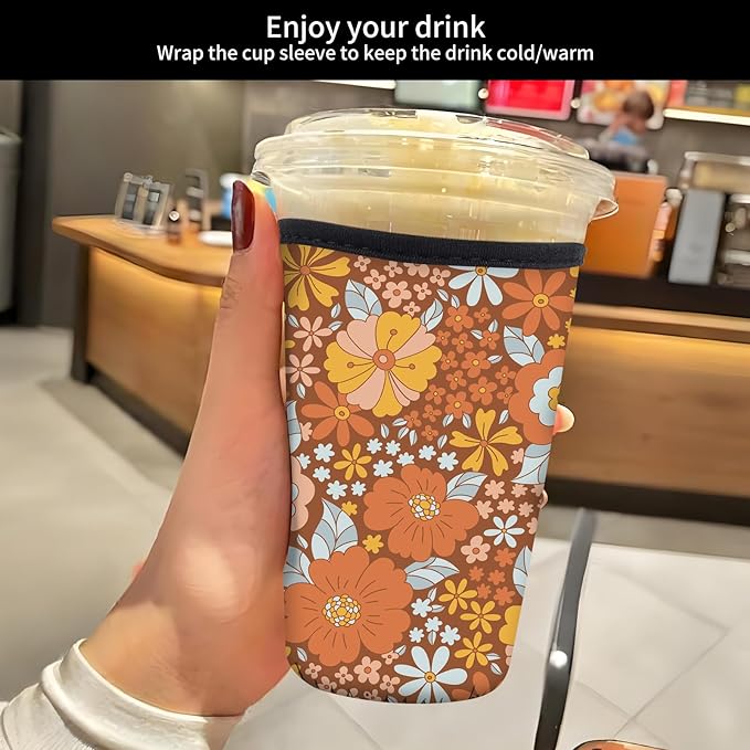 Reusable Neoprene Insulator Sleeve for Iced Coffee Cold Soda Cups, Cute Durable Drink Sleeve for Cold Beverages, Medium 22-28oz Cup Sleeve Cute Orange Floral