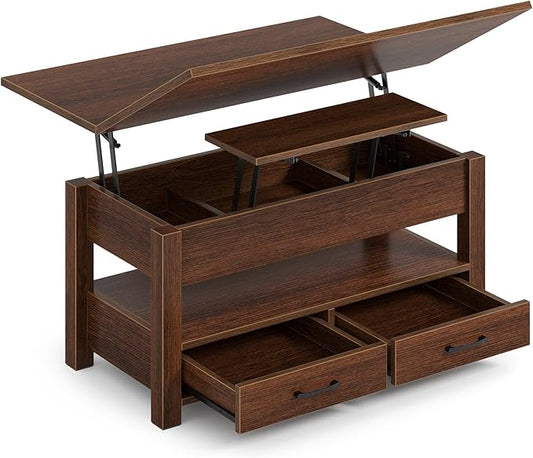 Rolanstar Coffee Table Lift Top, Multi-Function Convertible Coffee Table with Drawers and Hidden Compartment, Converts to Dining Table for Living Room, Home Office,Espresso