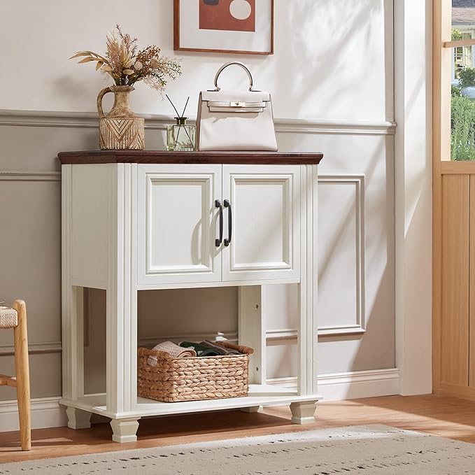 Farmhouse Coffee Bar Table with 2-Door Cabinet, Kitchen Storage Cabinets with Open Shelf, Coffee Station for Dining Room, Kitchen, Hallway, Living Room, White