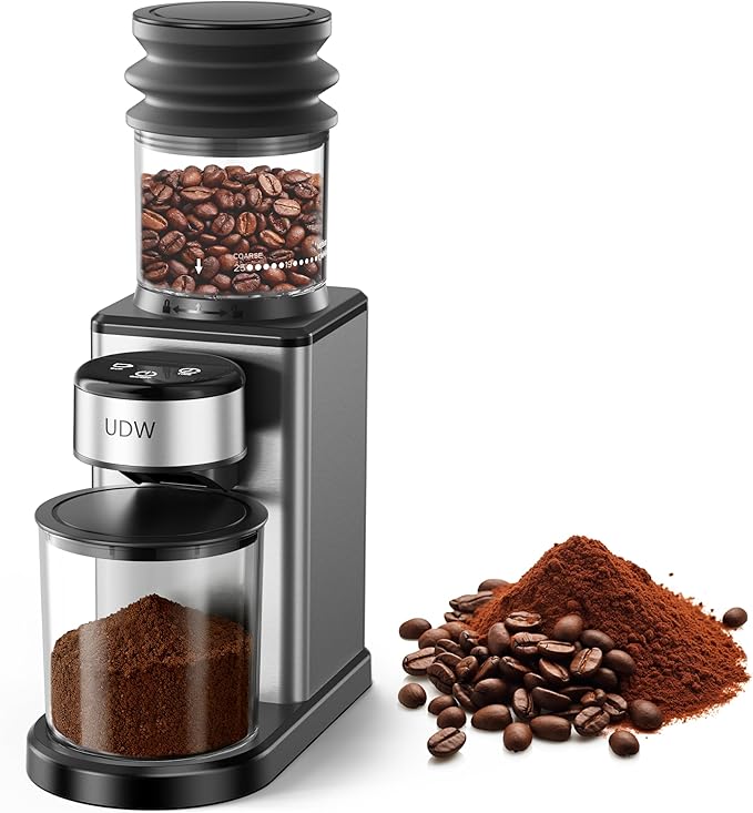 UDW Home Coffee Grinder, Conical Burr Grinder with 25 Settings, 60-Second Timer, Stainless Steel, Anti-Slip Base, Anti-Static, Easy to Clean