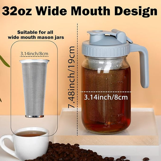Jrssae Cold Brew Coffee Maker - 32oz Cold Brew Pitcher with Stainless Steel Super Dense Filter Easy of Use, Durable & Sturdy Classic BPA Free Sturdy Mason jar Pitcher with Gray Lid Easy to Clean