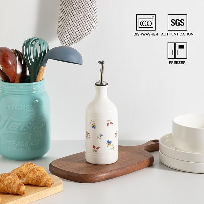 Sweejar Ceramic Olive Oil Dispenser Bottle for Kitchen, 15.5 Oz Relief Opaque Oil and Vinegar Dispenser Bottle with Spout, Suitable for Soy Sauce, Coffee Syrup, Liquids (Garden)