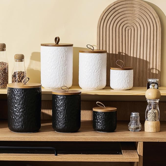 Black White Ceramic Coffee Canister Tea Canister with Seal Wood Lid, Airtight Coffee Storage Container for Coffee Bean, Ground Coffee, Sugar, Cookie Candy jar (White, 260ml)