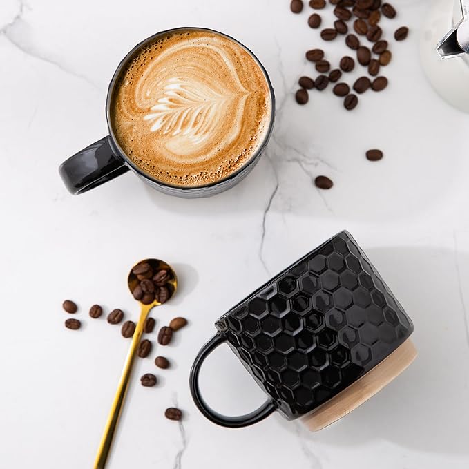 GBhome 15OZ Stackable Coffee Mugs, Ceramic Coffee Mugs with Texture Patterns for Man,Woman,Dad,Mom, Modern Coffee Cups Set of 4 for Latte/Cappuccino/Cocoa. Dishwasher&Microwave Safe，Black