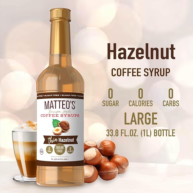 Matteo's Hazelnut Syrup for Coffee, Lattes, Cappuccinos & Desserts – Sugar-Free Sweetener for Beverages, Keto Friendly, Zero Calories, Indulgent Flavor, Non-Alcoholic, Ideal for Coffee 33.8oz (1pk)