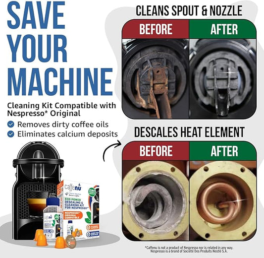 Nespresso Compatible Descaling Kit & Cleaning Pods. 2 Use Descaling Solution & 4 Cleaner Pods. Removes Limescale & Cleans Pod Area. Better Tasting, Hotter Coffee. Nespresso Originaline.