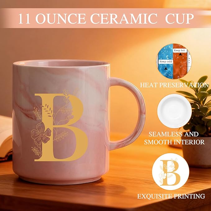 Monogrammed Christmas Gifts for Women, 11 oz Initial Ceramic Coffee Tea Mug with Necklace, Unique Birthday Gift for Her Wife Teacher Friend Mom, B