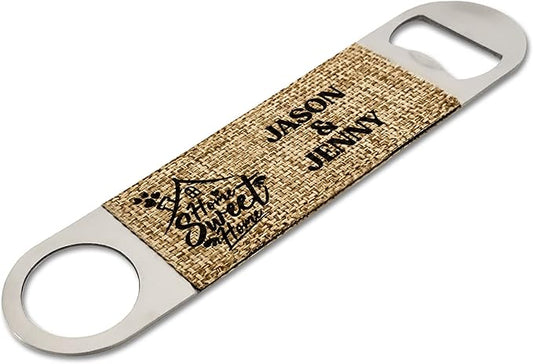 Smile Art Design Family Couple Names Custom Bottle Opener Burlap Material Family Name Home Sweet Home Print Personalized Gifts House Warming Wedding Gift Rustic Home Decor Style11