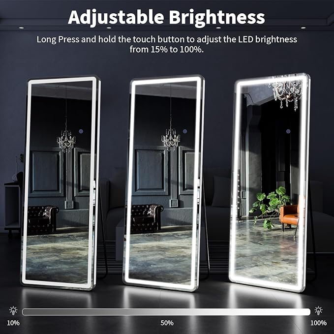 VooBang 65"x26" LED Full Length Mirror, Floor Body Mirror with Lights - 3 Color Modes, Standing Leaning Wall Mounted for Bedroom, Dressing Room White