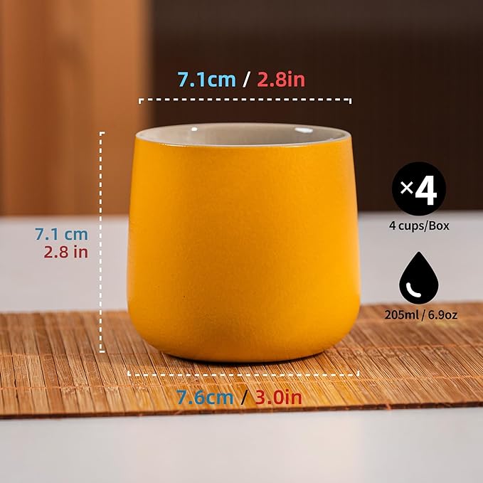 TEANAGOO Japanese Tea Cup, 7.2Oz / 205 ml,Yellow, H18, 4 Pcs/box, Japansese Cups,Chinese Tea Cups, Occupied Japan Tea Cups