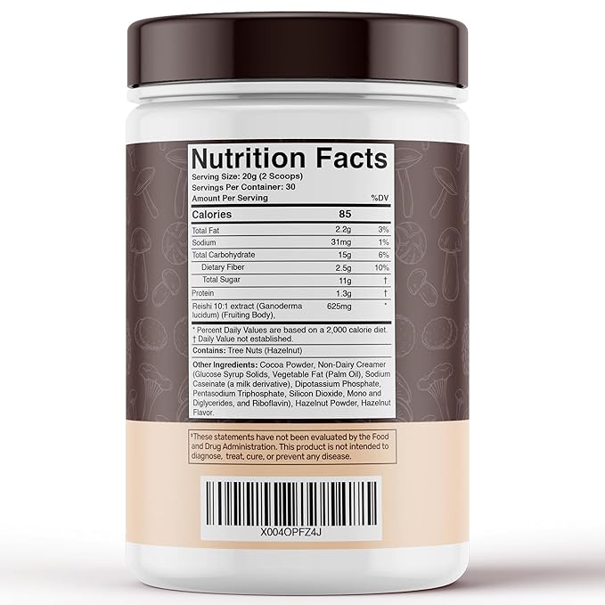 Mushroom Hazelnut Powder with Reishi 10:1 Extract, Hot Cocoa Powder Caffeine-Free Mushroom Coffee Alternative - Adaptogenic Superfood Drink for Focus, Relaxation, and Mood Support - 30 Servings