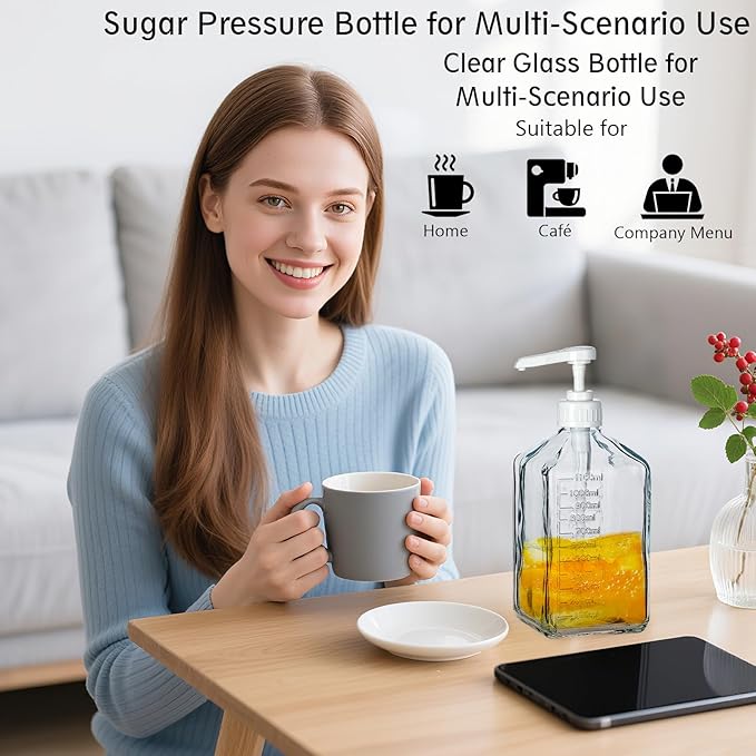 Uceoo Coffee Syrup Dispenser, Glass Syrup Bottle With Plastic Pump, 37 Oz Large Capacity Square Syrup Pump Dispensers for Coffee Bar, Simple Clear Pump Bottle for Honey, Condiments, Salad Dressings