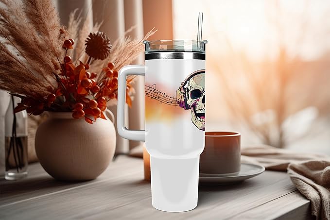 Halloween Skull Tumbler with Straw, Stainless Steel, 40 oz, Music Theme, Custom Insulated Travel Mug