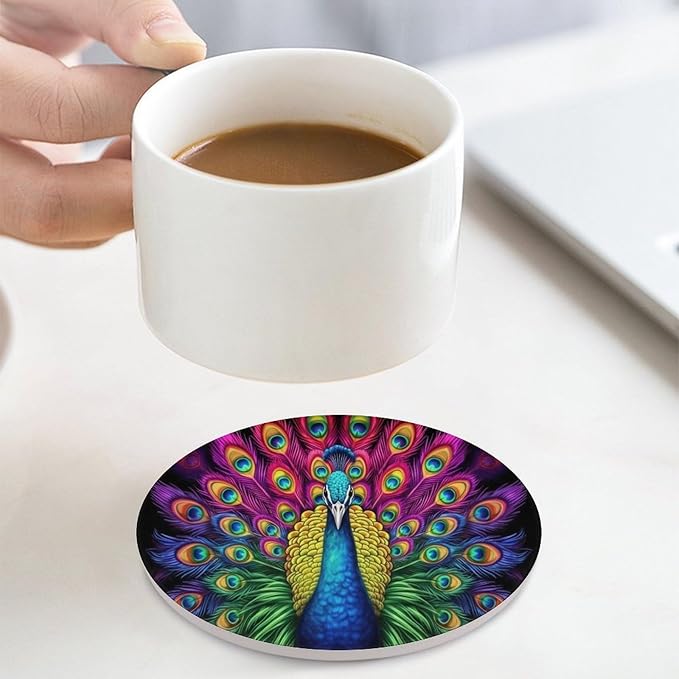 Round-4PCS Peacock Ceramic Coasters, Round Absorbent Drink Coasters, Vintage Country Beautiful Colorful Peacock Ceramic Table Coasters for Coffee, Beverage, Wine, Beer Coasters