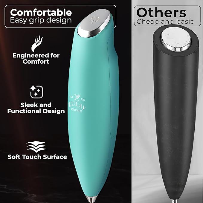 Zulay Kitchen Patented Tornado Triple Whisk Milk Frother with 4 Duracell Batteries – Handheld Foam Maker for Coffee, Lattes, Matcha & Hot Chocolate – Rich, Creamy Froth in Seconds
